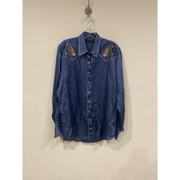 Carolina K Shirt Womens Medium Blue Western Embroidered Floral Snap Front Piped - Picture 1 of 4